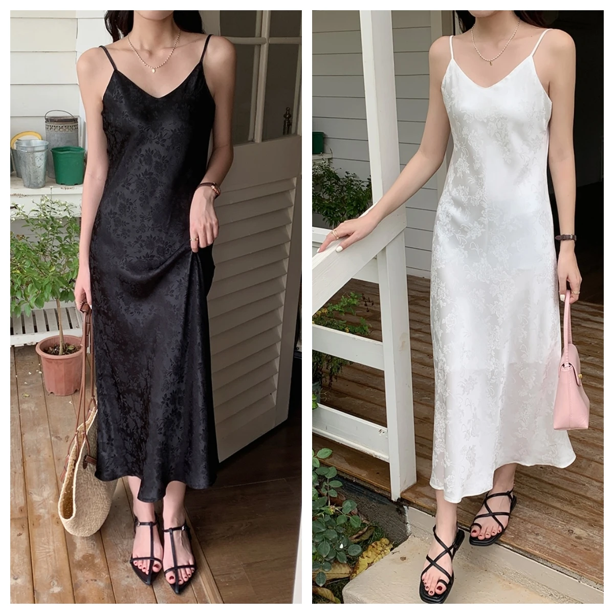 Womens Dresses Black And White Romance Korea Satin Dress Dinner Party Dresses Elegant Women's Dress Slip Long Dress Women Resort