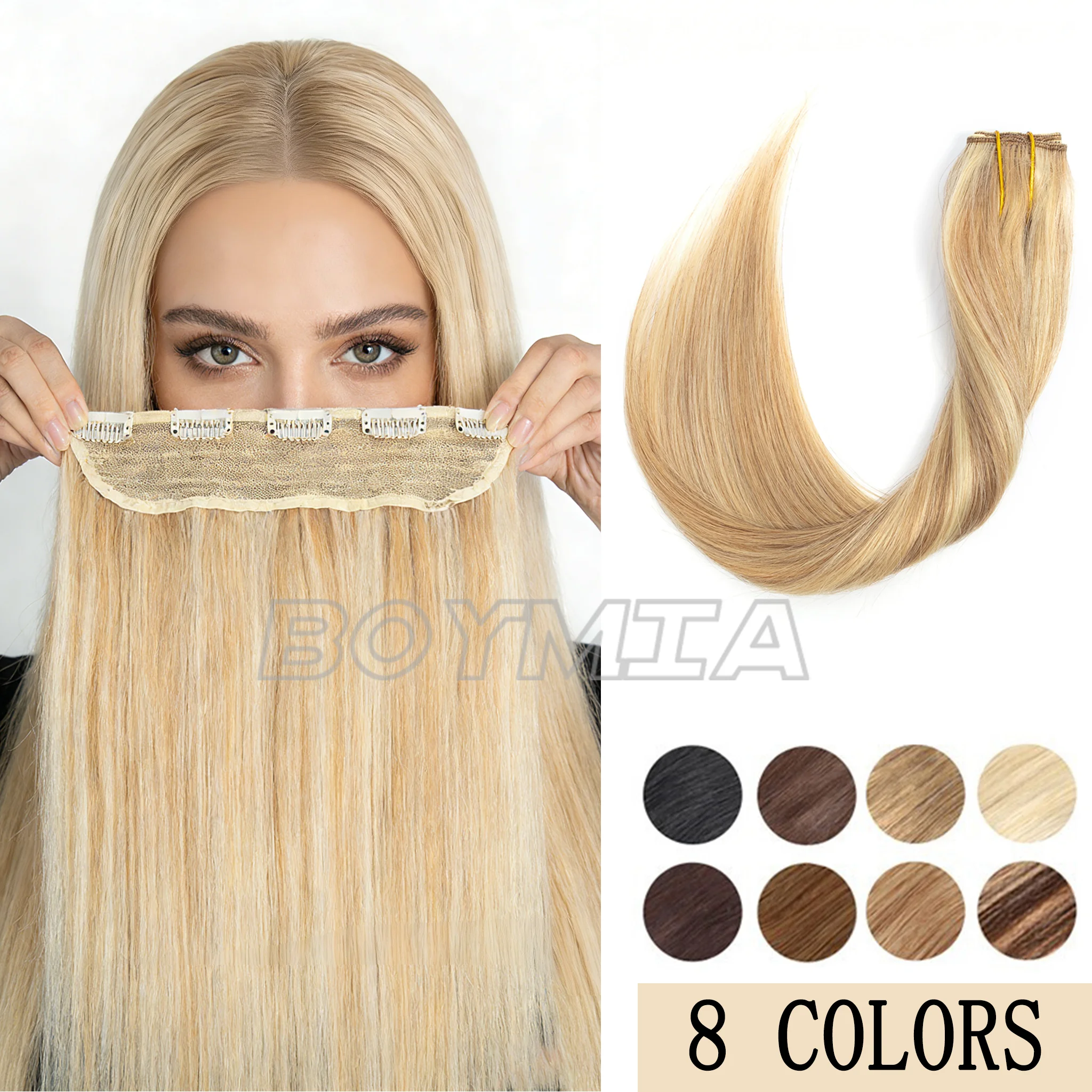 One Piece Clip in Human Hair Extensions Balayage 5 Clips 3/4 Full Head Lighter One-Piece Design Golden Brown Mix Bleach Blonde