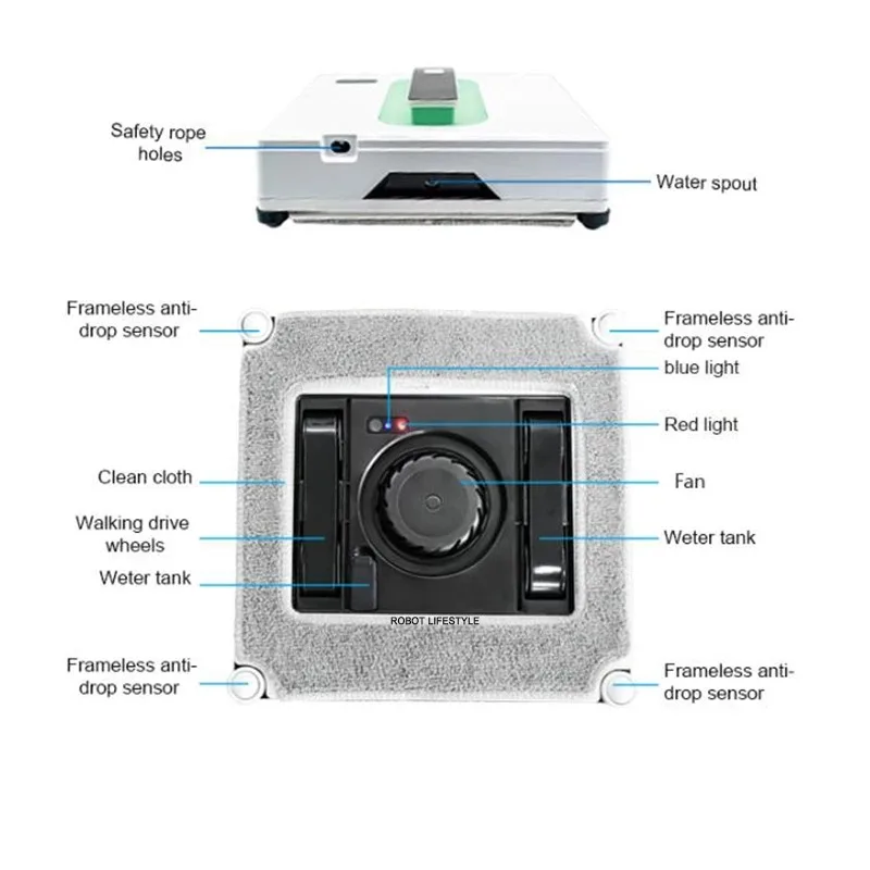 Household Window Cleaning Robot Elektrische Automatische Raamreiniging Robotstofzuiger, Met App Afstandsbediening Tweeweg Spray