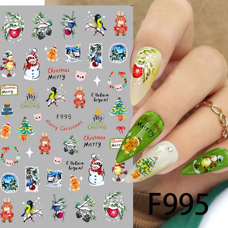 Autocollants 3D pour les ongles, thème dessin animé, Père Noël, bonhomme de neige, série Noël, nail art, instituts de décoration, démontrent de neige, feuilles, N64.