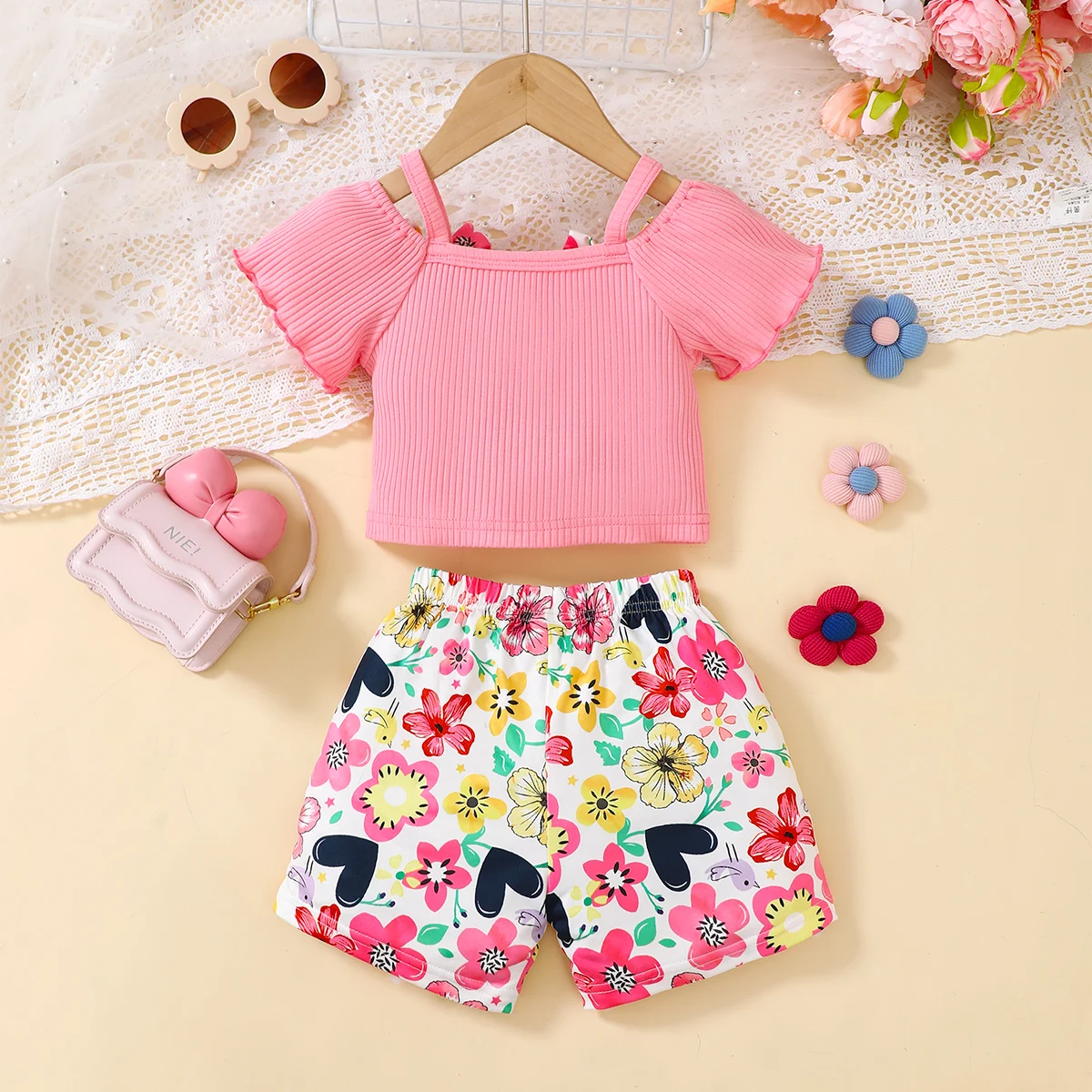2pcs Baby girl Off Shoulder Bow Top+Colorful Printed Shorts Summer Fashion Sets 0-3 Year Baby Gir Beach vacation Casual Clothing