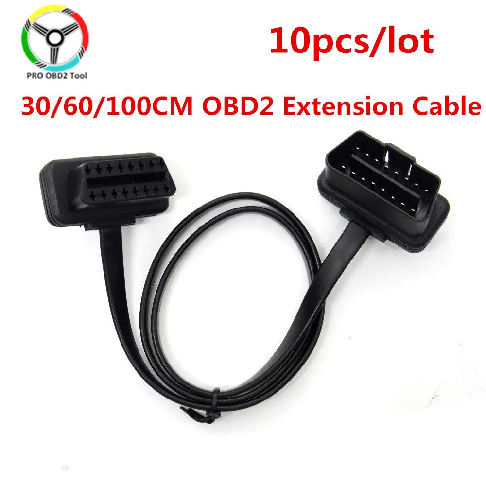 10pcs 30/60/100CM OBD2 Extension Cable Connector for Flat+Thin as Noodle 16 Pin Socket OBDII 16Pin Male to Female Car Scanner