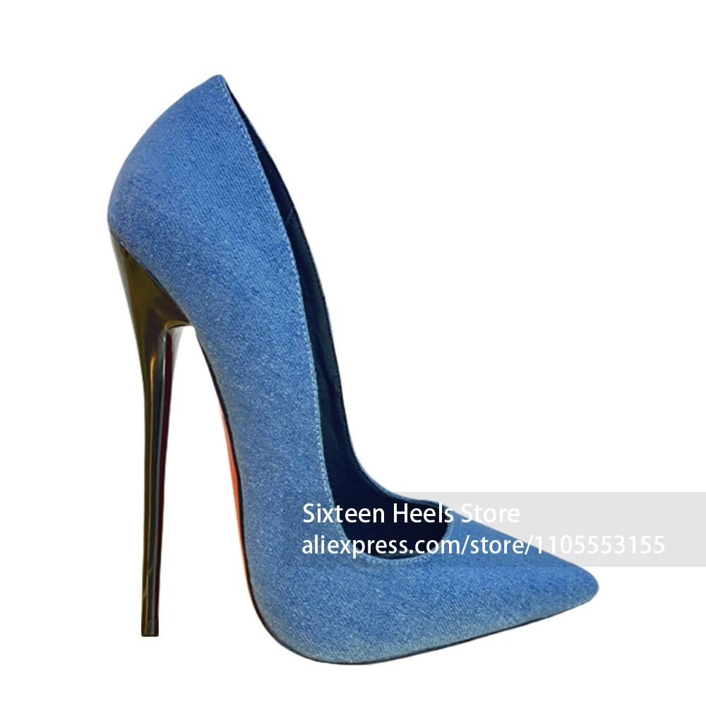 16cm Light Blue Denim Pointed Toe Pumps Lacquered Stiletto Heel Slip On Pumps Denim Fabric High Heels for Women Customized Color