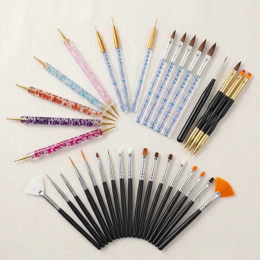 31Pcs Professional Nail Art Brush Set Sequin Transparent Handle Nail Dotting Pen Painting Liner Fan Brushes DIY Manicure Design Tools For Nail Salon Home Use