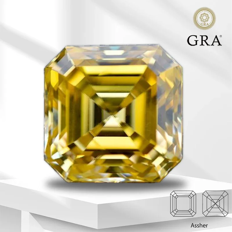 

Moissanite Stone Golden Yellow Color Asscher Cut For Pass Diamond Tester Charms Jewelry Making Materials With GRA Certificate