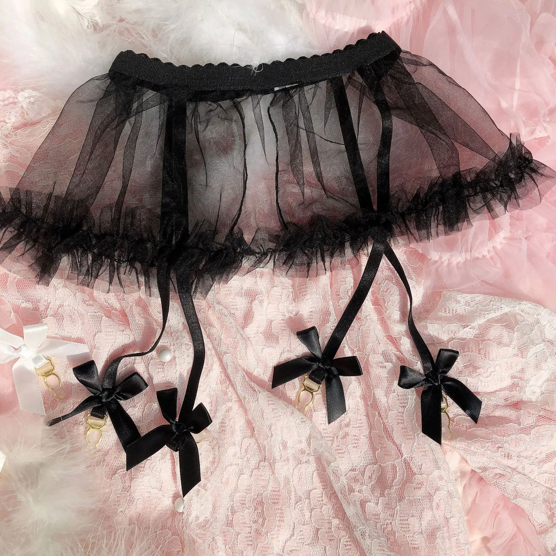 

Mini Skirt Kawaii Women Lace Exotic Stockings Garter Belt Hollow Perspective Net Bow Thigh-Highs Stockings Cute Sexy Gauze