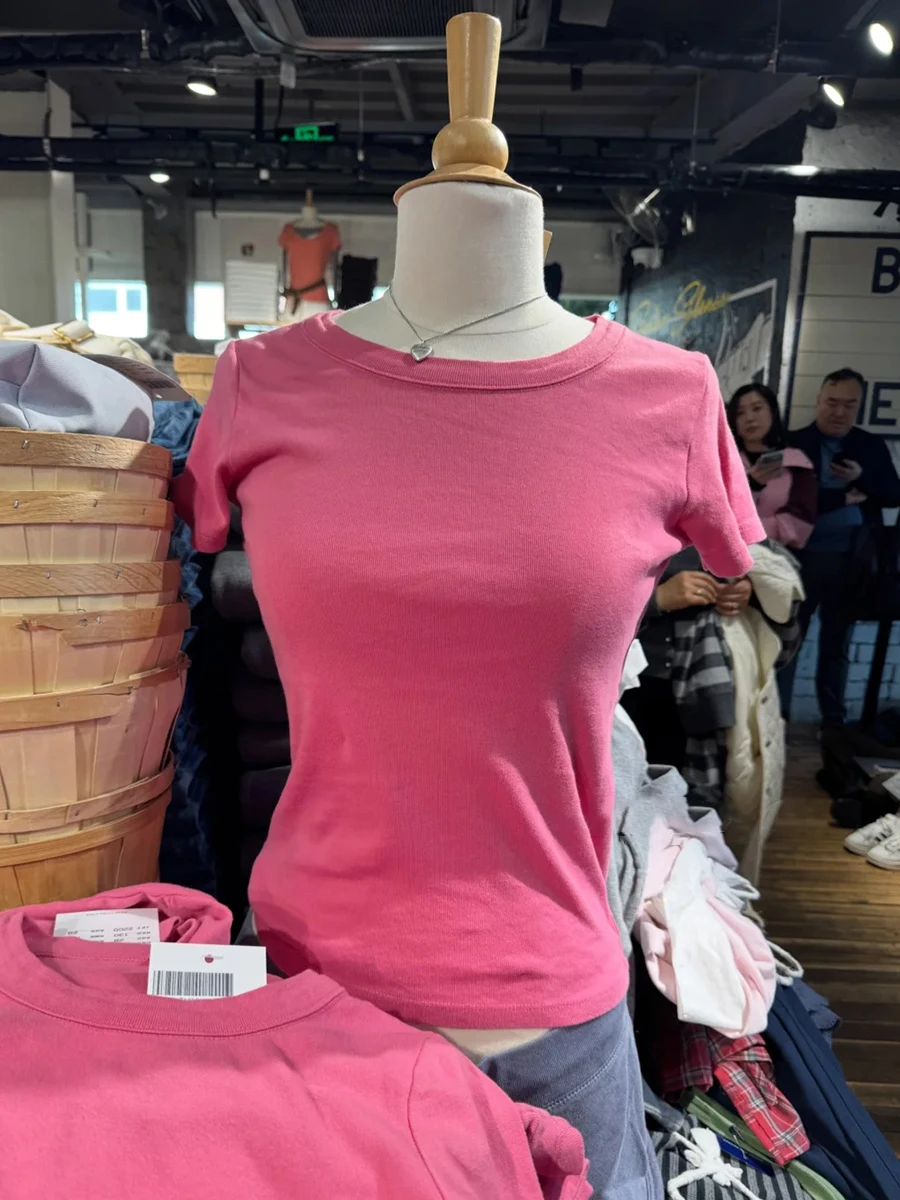Rose Red Basic Slim T-shirt Summer Round Neck Short Sleeve Cotton Classic Tees Woman Fashion Streetwear Solid Sweet Crop Top Y2k