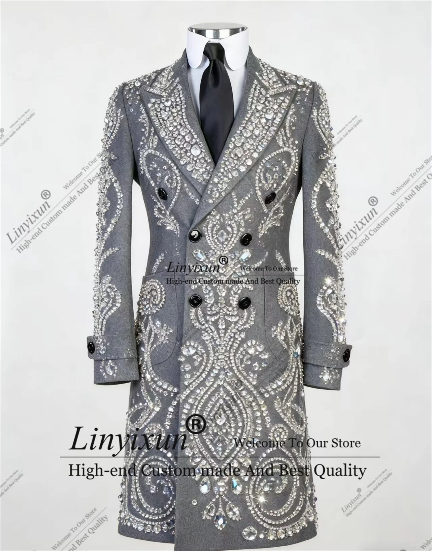 

Роскошные мужские костюмы с кристаллами, блестящие бисерные свадебные смокинги для жениха, длинное пальто, мужской выпускной, цельный комплект, тонкий костюм по индивидуальному заказу Homme