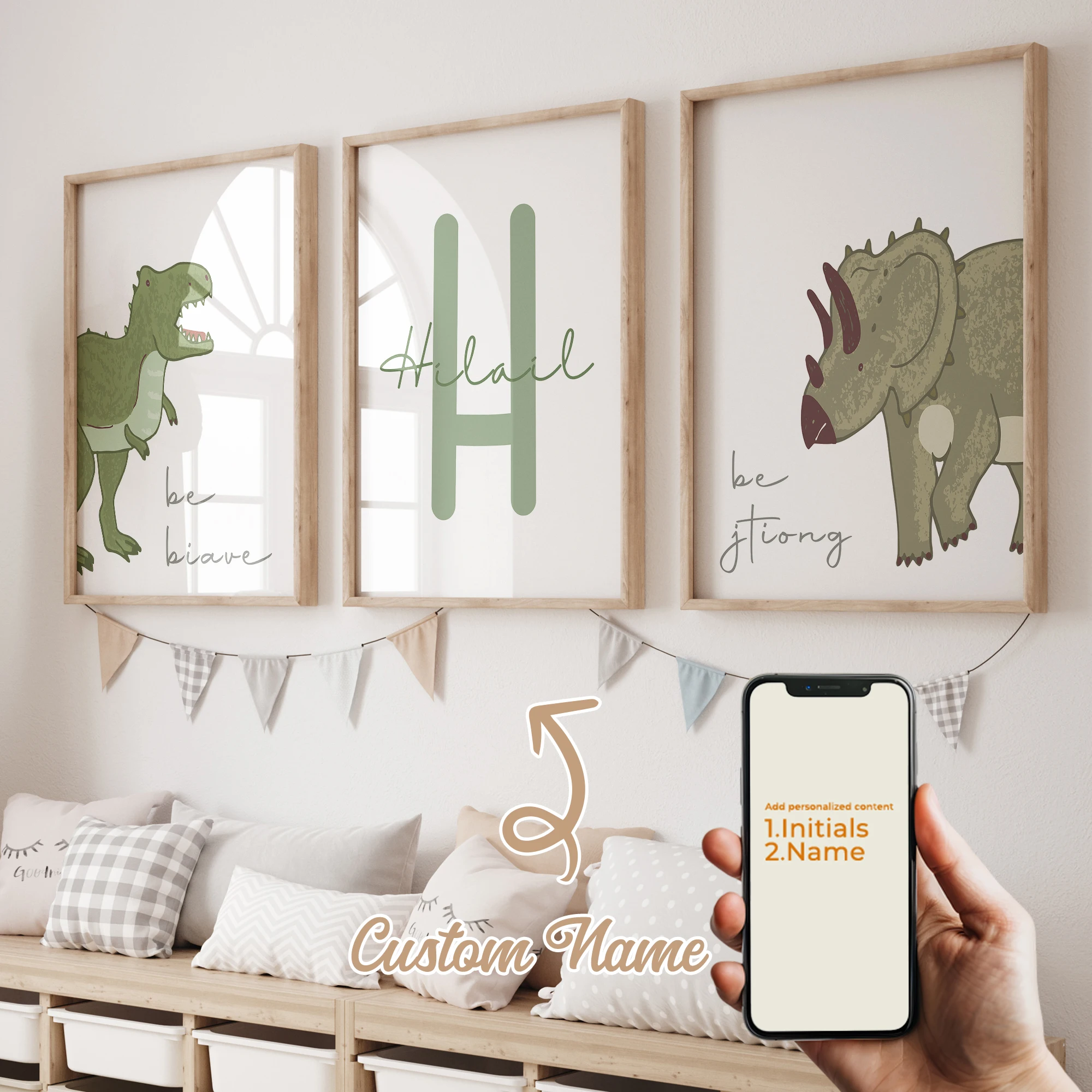 3 stücke Personalisierte Benutzerdefinierte Name Cartoon Dinosaurier Wand Kunstdruck Bild Leinwand Poster Malerei Für Wohnzimmer Wohnkultur
