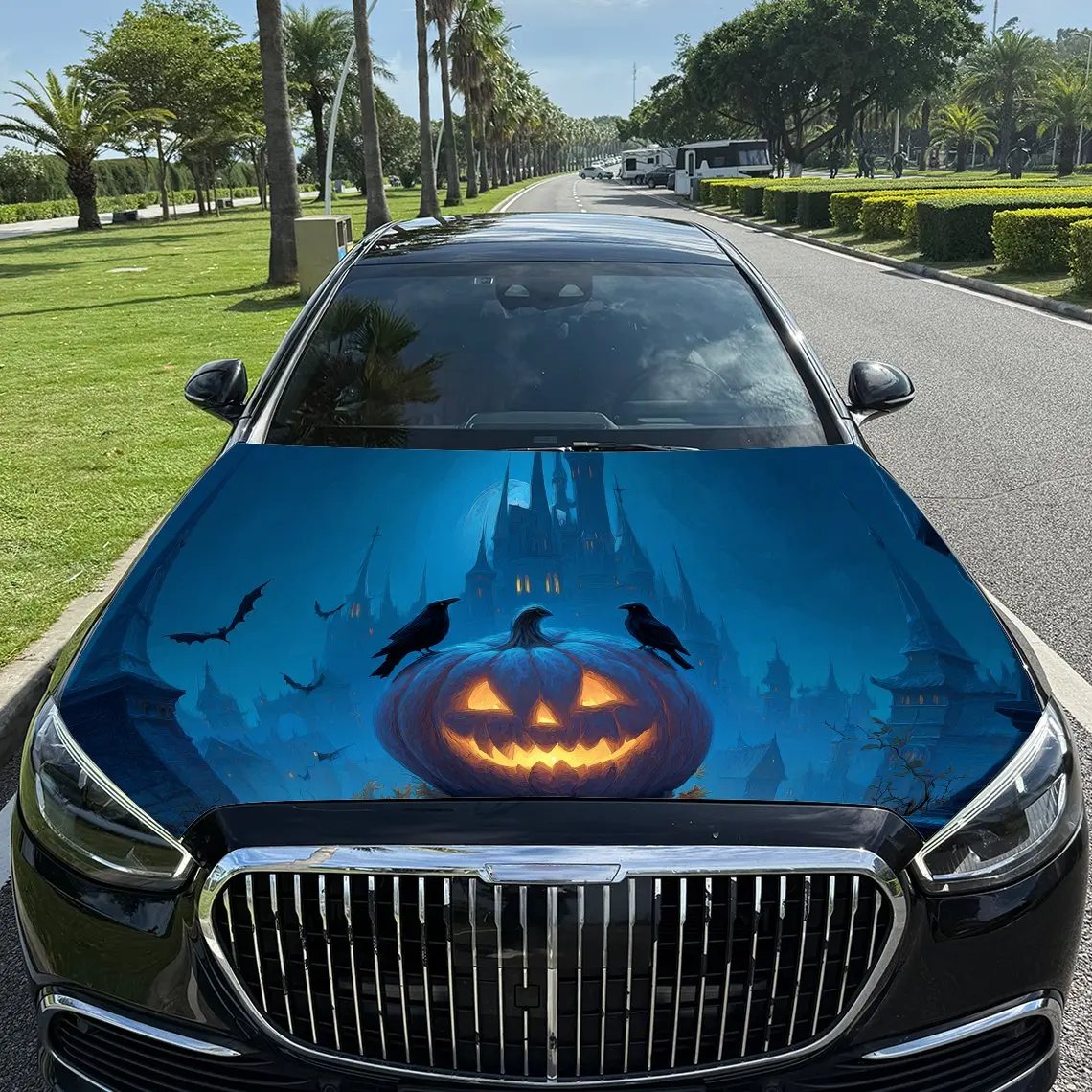 

Gloomy Blue Halloween Night Pumpkin Car Vinyl Wrap, PVC Waterproof Car Hood Sticker, Self-Adhesive Scratch-Resistant Stickers fo