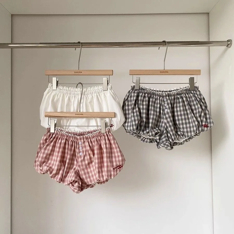 Womens Plaid Bubble Shorts Elastic Waist Bloomer Shorts Casual Short Pants Summer Streetwear