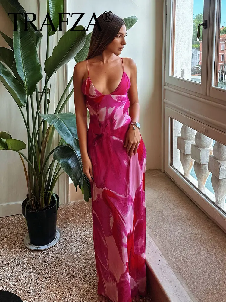 

TRAFZA Female Summer Sexy Vacation Floral Printed Midi Dress Sleeveless With Scarf Backless V-neck Lace-up Slim Fashion Dresses