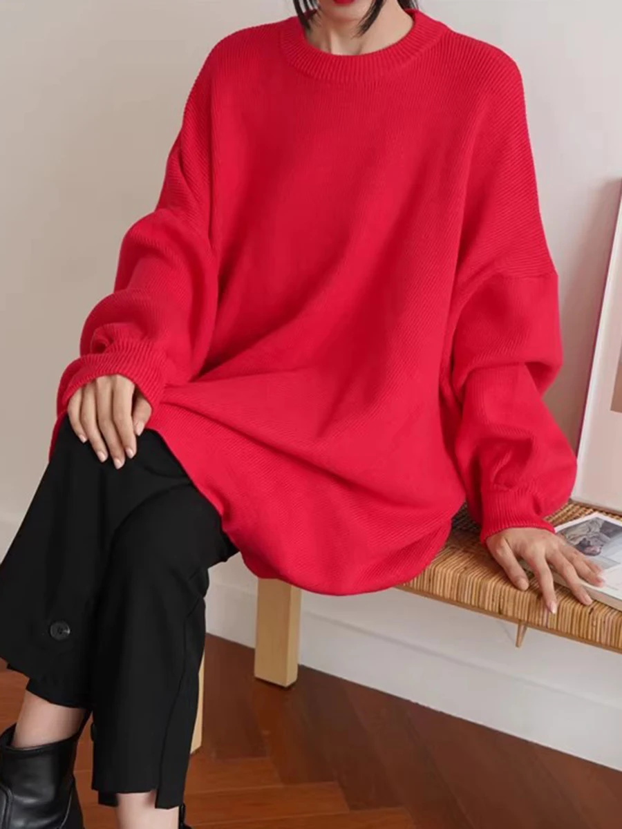 Chicever sólido minimalista solto pulôver de malha topos para mulheres o pescoço lanterna manga estilo casual meados de comprimento camisola feminina novo