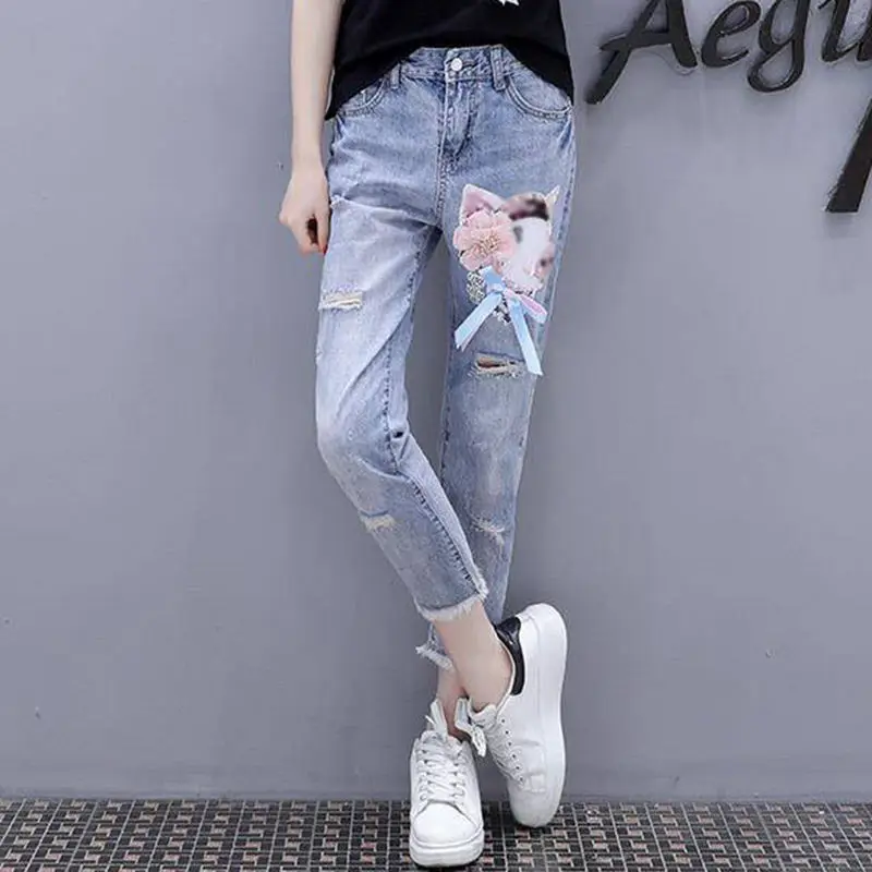 Spodnie damskie Jeans and Capris Beading Blue High Waist Shot Skinny Pants dla kobiet Slim Fit Pipe Cropped Size X Larg na wyprzedaży A