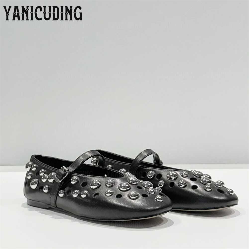 

Metallic Spheres Studded Ballet Flats Round Toe Buckle Strap Mary Jane Ballerinas Designer Novelty Style Comfortable Black Flats