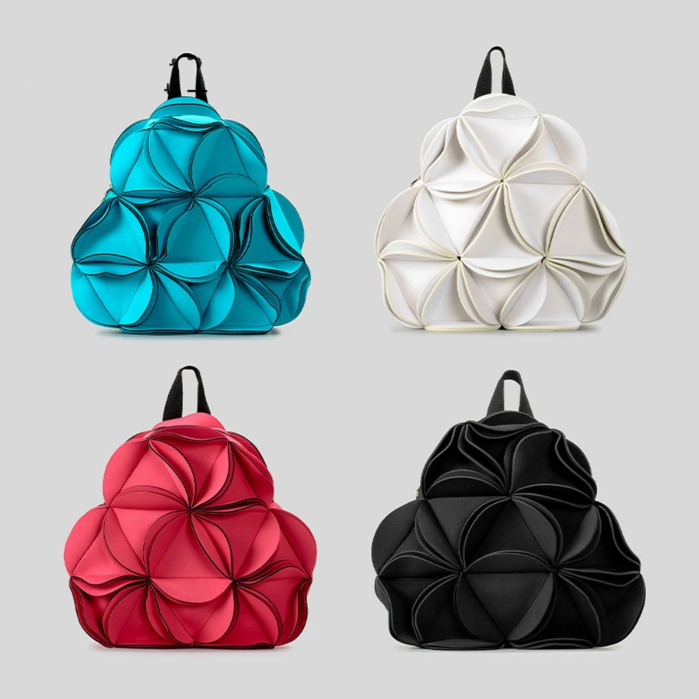 PU Splicing 3D Flower Shaped Mochila, Nicho Design, Estudantes de Moda, Mochila de Grande Capacidade, Bolsa Criativa