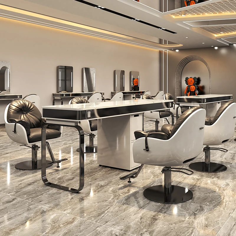 

Barber shop mirror separate perm and dyeing table with cabinet integrated stainless steel frame marble countertop table
