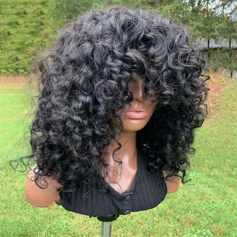 Soft 180Density 26 Long Natural Black Kinky Curly Machine With Bangs For Women Babyhair Preplucked Heat Resistant Glueless Daily