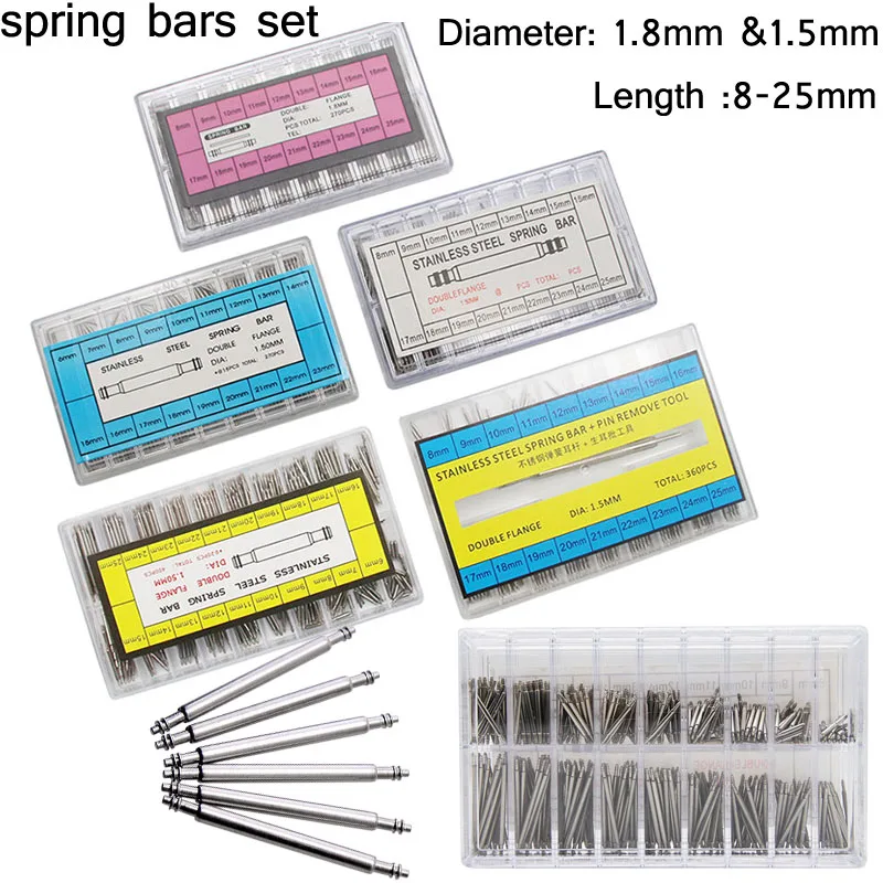 6mm 8mm-25mm Dia 1.8mm 1.5mm Boxed Watch Strap Spring Bars Set Repair Tool Pin for Watch Band Release Spring Pins Connecting Bar