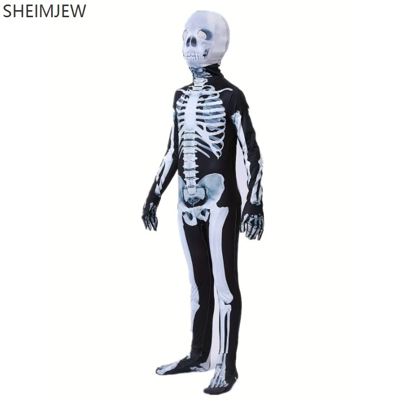 Costume da scheletro di Halloween per ragazzi Body stampato in 3D con maschera di teschio Costume horror Set di scheletro per festa di carnevale con personaggio del diavolo