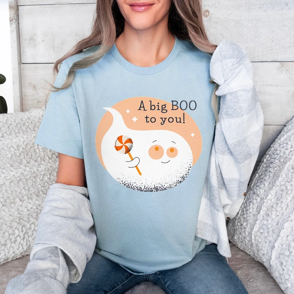 Y2K 코튼 캐주얼 여성 티셔츠 반팔 라운드 넥 장착 컬러 풀 한 귀여운 만화 할로윈 유령 A Big BOO To You