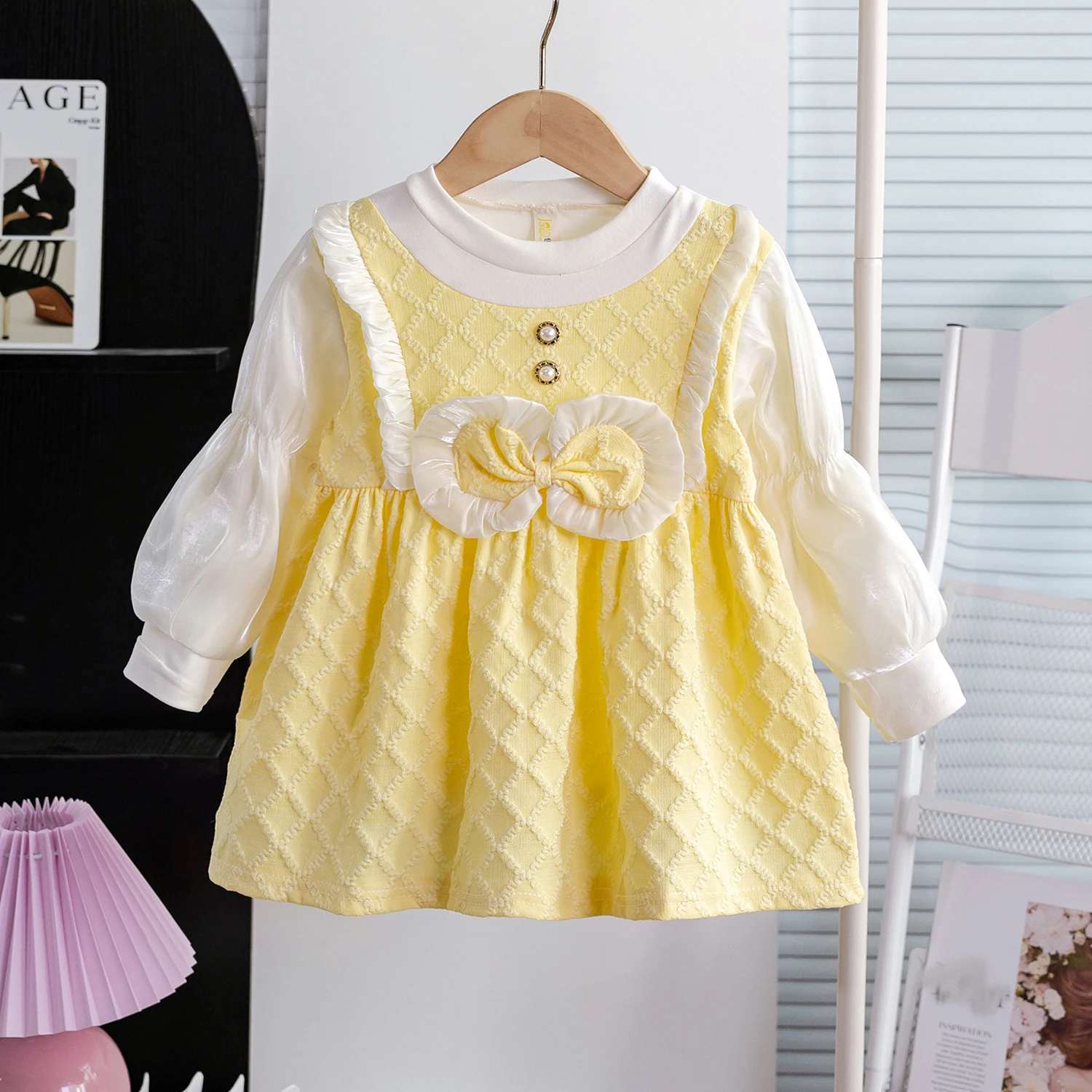 

Autumn Baby Girls' Puff Long Sleeve Dress Sweet Bow Plaid Round Neck A-line Birthday Dress Korean Kids Princess Dresses