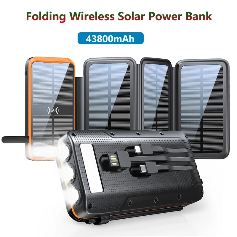 

Fast Wireless Charger Solar Power Bank 43800mAh Built in Cable PD 20W Fast Charger for iPhone 15 Samsung S24 Xiaomi Mi Powerbank