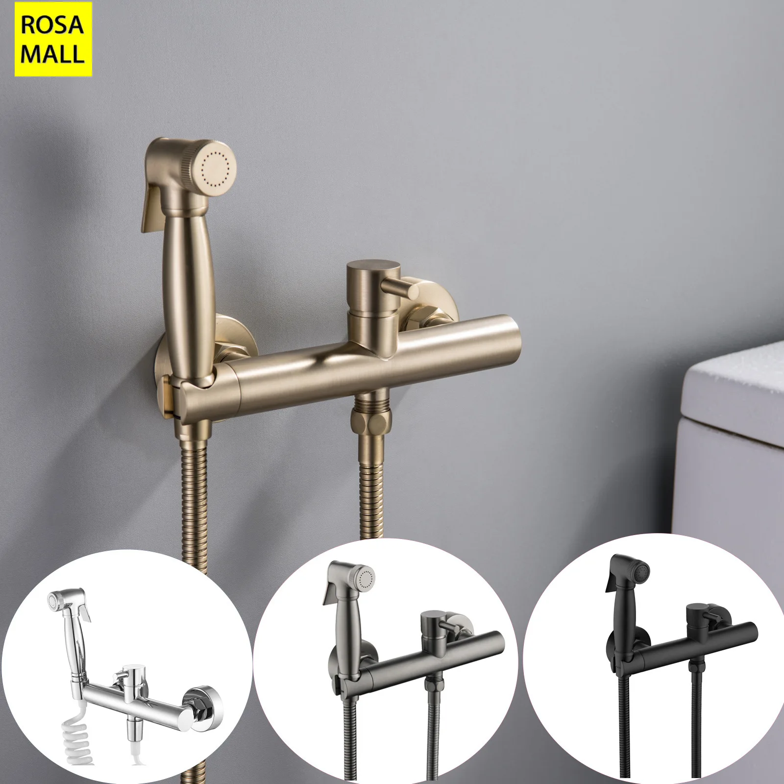 Rosa Mall Set de bidé para baño con mezclador y rociador, Dorado y Negro, Dos en Uno, Agua Fría y Caliente, para limpieza de inodoro y uso femenino