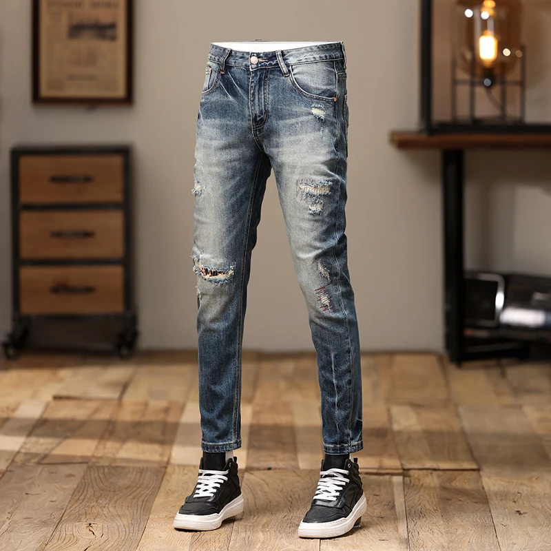 Street Fashion Men jeans High Quality Retro Blue Stretch Slim Fit Ripped Jeans Men Patched Designer Vintage Denim Pants Hombre