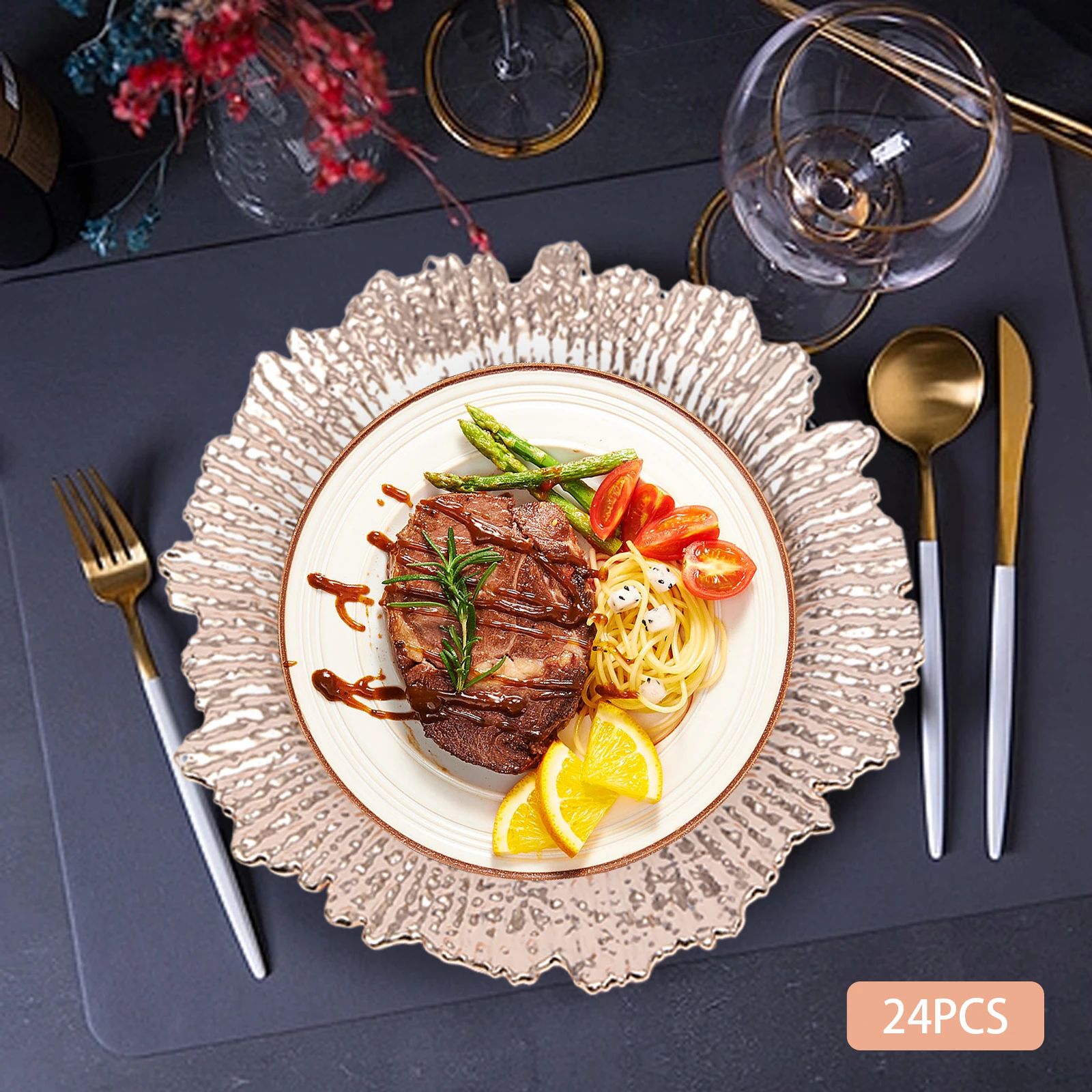 

24 Pcs 12.6 in Charger Plates, Round Plastic Reef Plate Chargers for Dinner Plates, Wedding, Party Elegant Decoration Place Mats