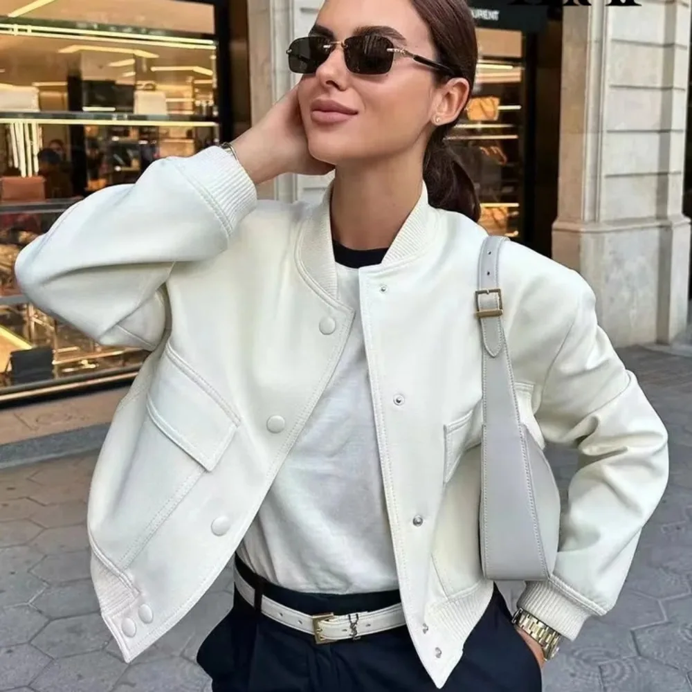 2024 New Women Fashion with Pockets Bomber Jacket Coats Vintage Long Sleeve Front Button Casual Female Outerwear Chic Tops