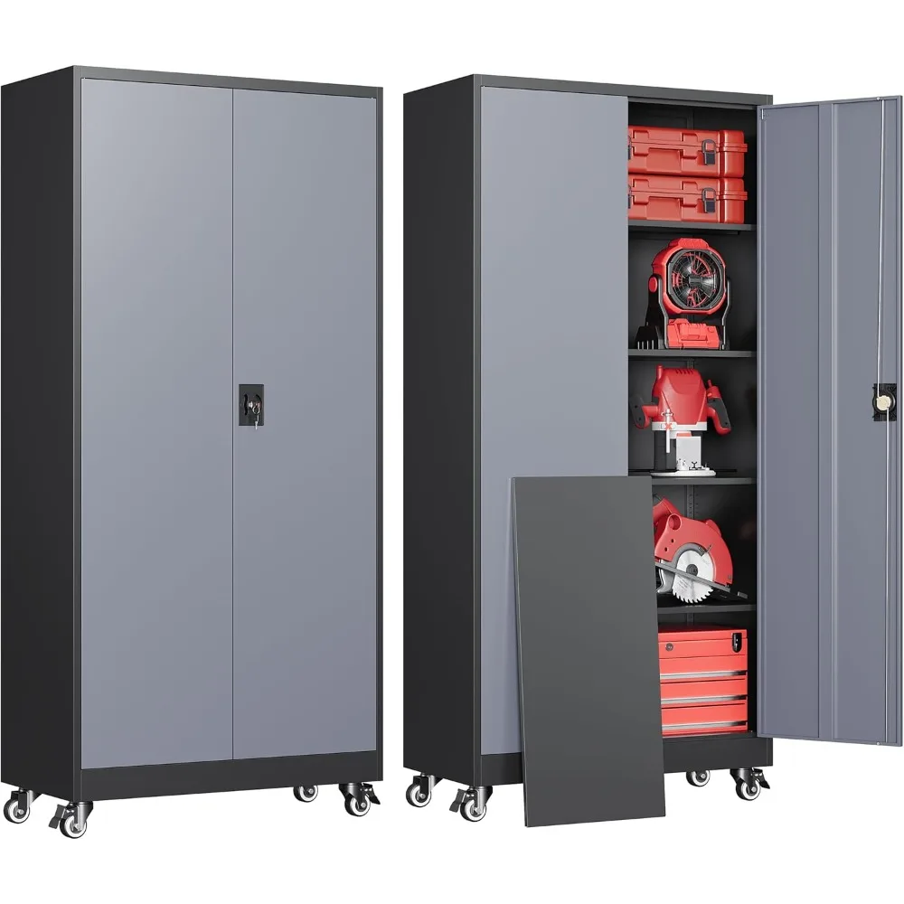 바퀴가 달린 금속 차고 캐비닛, 잠금 장치가 있는 견고한 이동식 보관 캐비닛, 2개의 문과 4개의 선반이 있는 보관 캐비닛