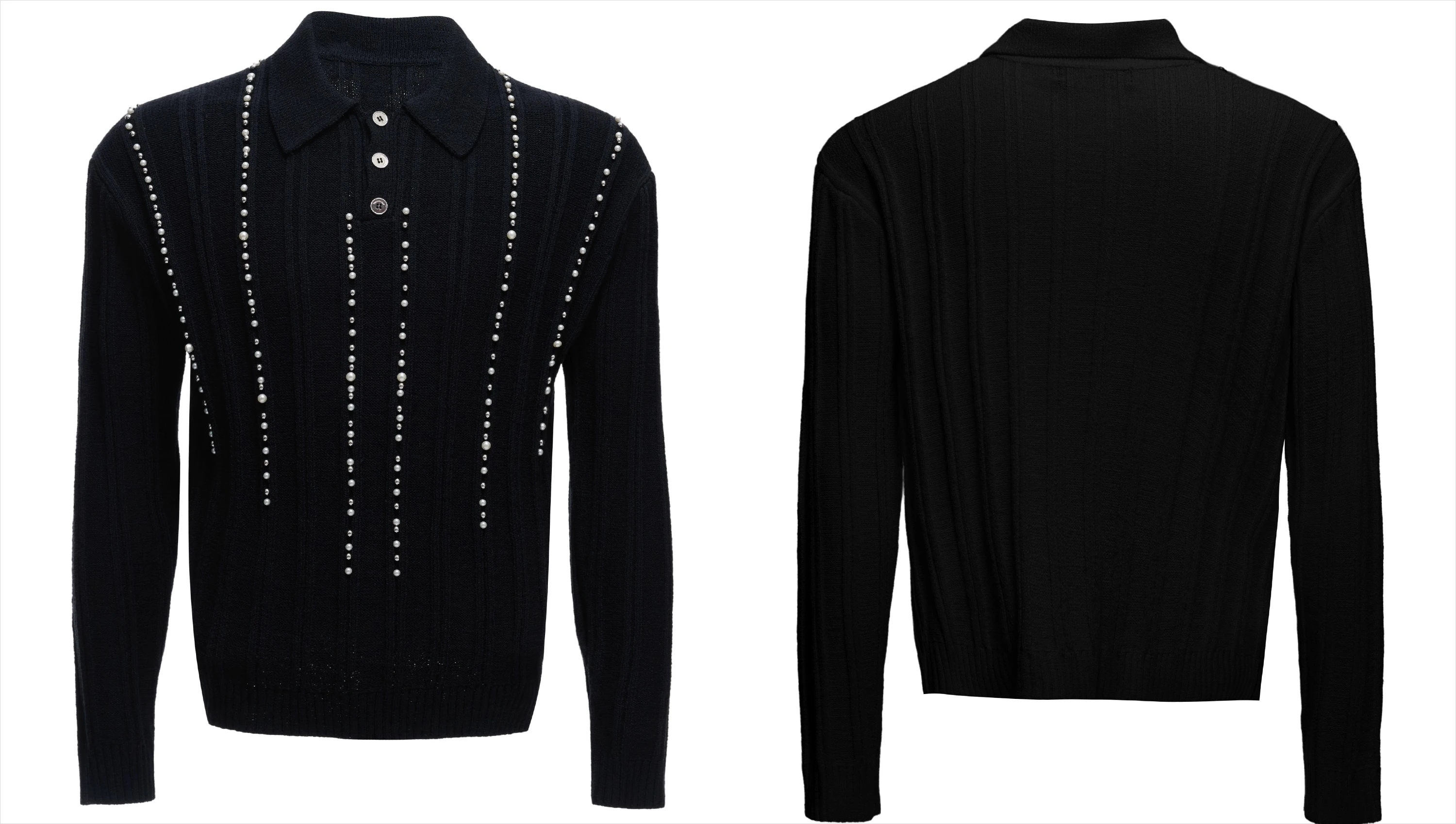 Men's 2025 Autumn New Trendy Elegant Pearl Decorated Knitted Polo Shirts Vertical Stripes Slim Fit Long Sleeve Chic Knitted Tops