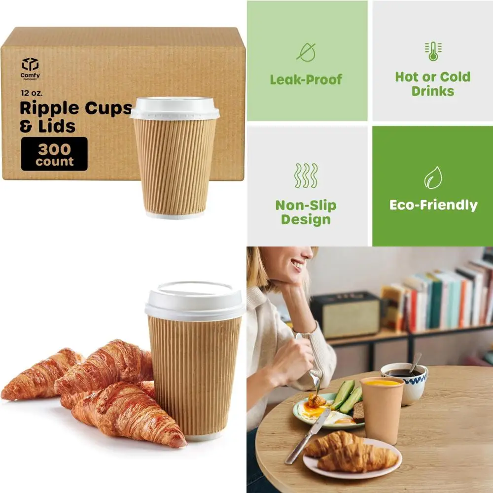 

Insulated Disposable Coffee Cups 12 oz Kraft Ripple Paper Cups with Lids - Ideal for Hot Beverages, Bulk Case of 300