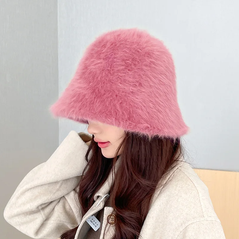 New Rabbit Fur Bucket Hat for Women Fashion Autumn Winter Warm Thickened Fisherman Hat Outdoor Panama Plush Basin Hat Lady Cap