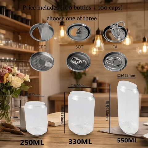 100pcs Can+100pcs Caps 250/330/500ML Clear Food Grade PET Bottles Kitchen Pantry Organization And Storage Canisters Bottles
