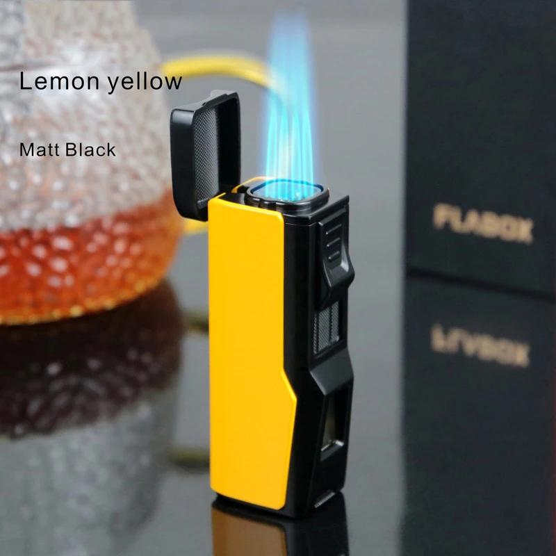 QD116 Four Fire Direct Charge High Fire Inflatable Windproof Lighter with Cigar Knife and Cigar Holder Gift Box