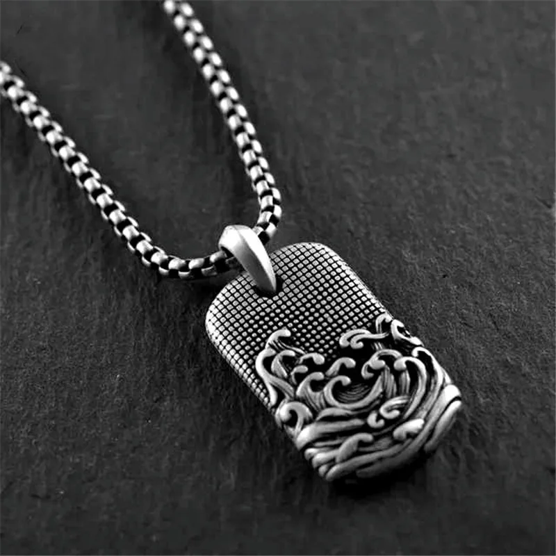 Retro Trend silver 925 Fashion Wave Shaped Square Pendant High End Men's Necklace Dragon Bone Chain Banquet Jewelry Gift