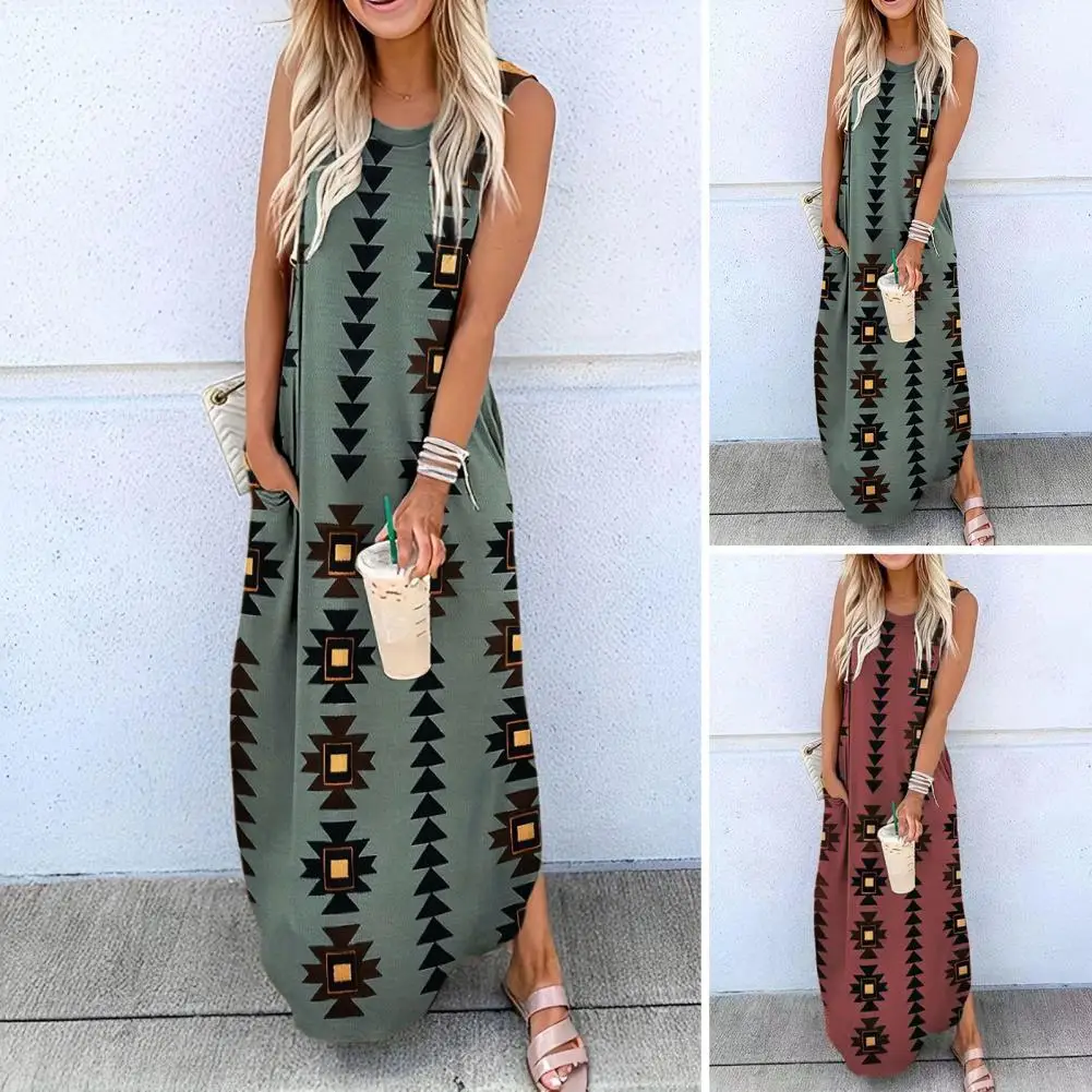 

Women Summer Dress Geometric Print Sleeveless O Neck Patch Pocket Loose Ankle Length Robe Vest Bohemian Sundress Tanks Vestido