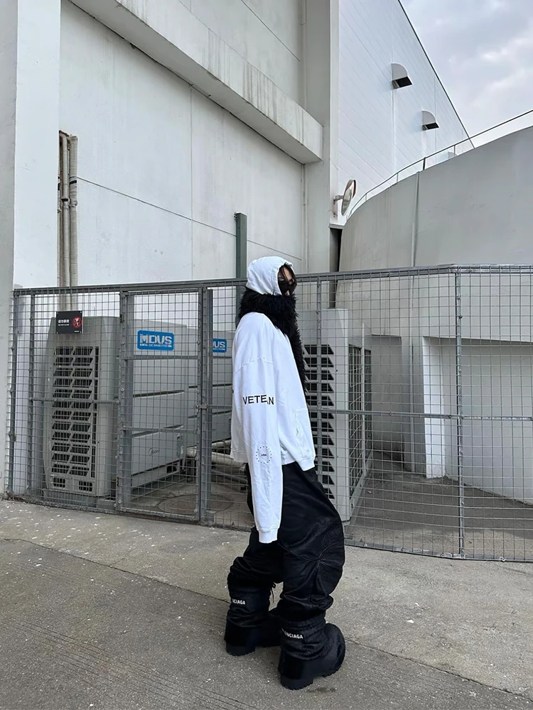 

ailz Project Vibe Casual Wide Leg Pants Brued Wax Armor Patchwork Pleated Loose Fit Youth Faion Autumn Long Trousers