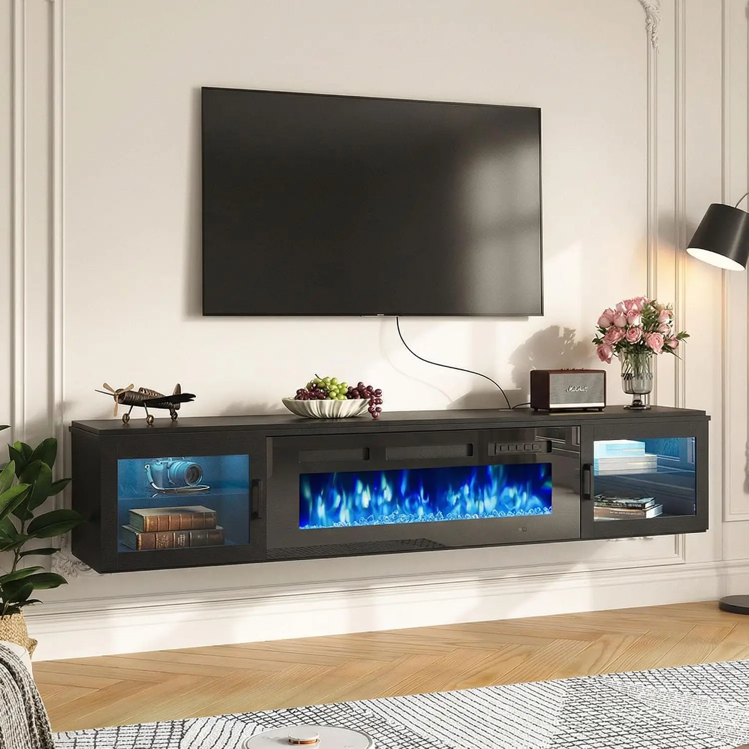 70" Floating TV Stand with 36" Electric Fireplace, Black & Black