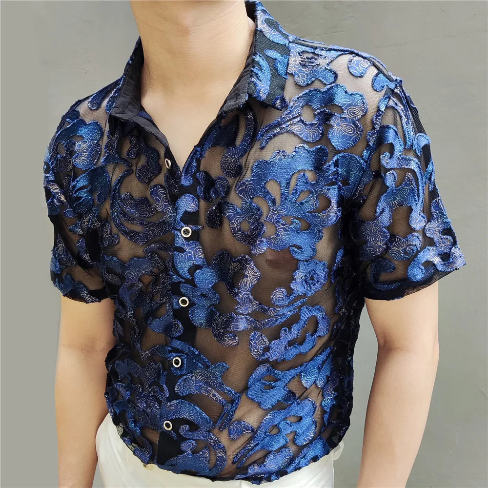 2022 Luxe Blue Gold Gradient Transparent Shirt Summer Short Sleeve Shirt Flowers Shirt See Through Sexy Shirt Men Chemise Homme