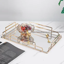 Golden Stroke Glass Mirror Rolling Tray Nordic Large Rectangle Tea Cup Wine Set Coffee Table Trays Decorative Organizer Kitchen
