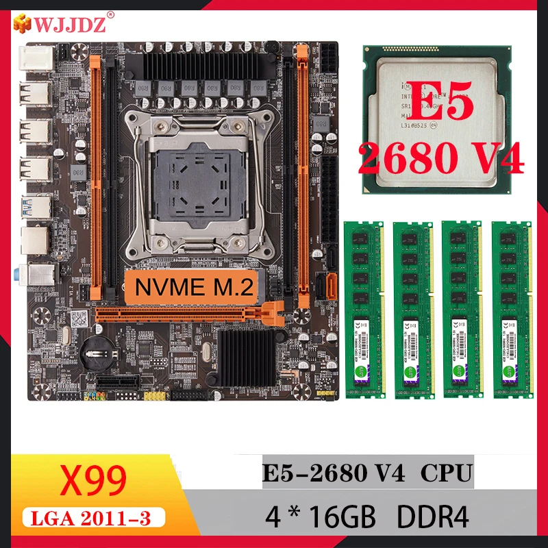 Wjjdz X99 motherboard kit xeon e5 2680 V4 motherboards and cpu set 4*16gb ddr4 RECC memory M.2 NVME SATA combo for computer