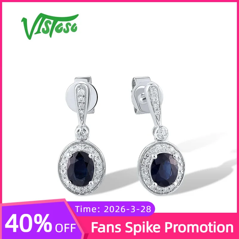 

VISTOSO 14K 585 White Gold Stud Earrings For Women Sparkling Diamonds Blue Sapphire Dangling Chic Wedding Gifts Fine Jewelry
