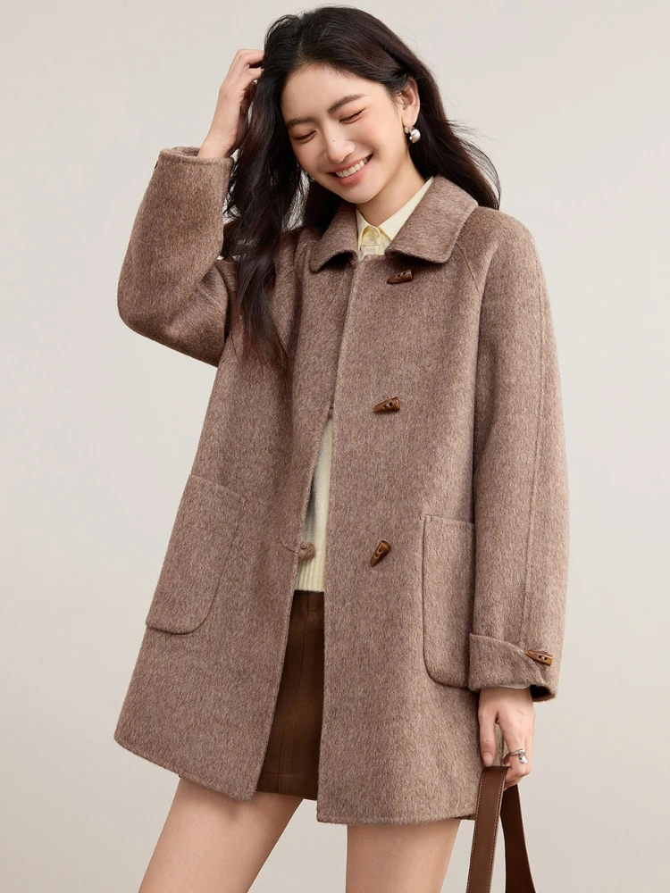SENTUBILA 100% Wool Women's Lapel Coat with Horn Buttons Loose Fit Overcoat 2025 Winter Warm Elegant Long Sleeve Coat W54OC8770