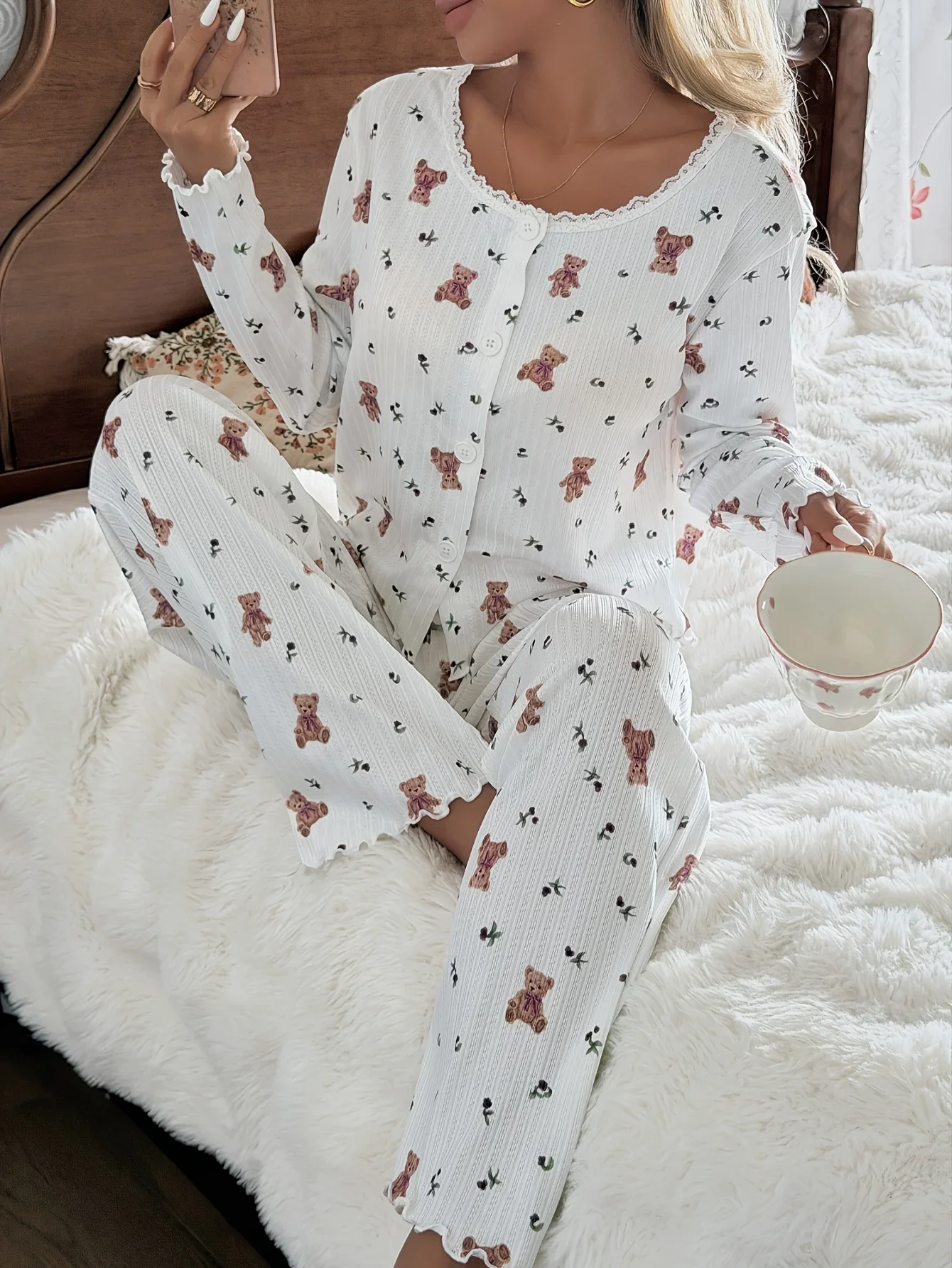 

Cute Bear Print Pajamas Set for Women Ruffle Trim Button Cardigan Long Sleeve Top Pants Soft Ribbed Homewear