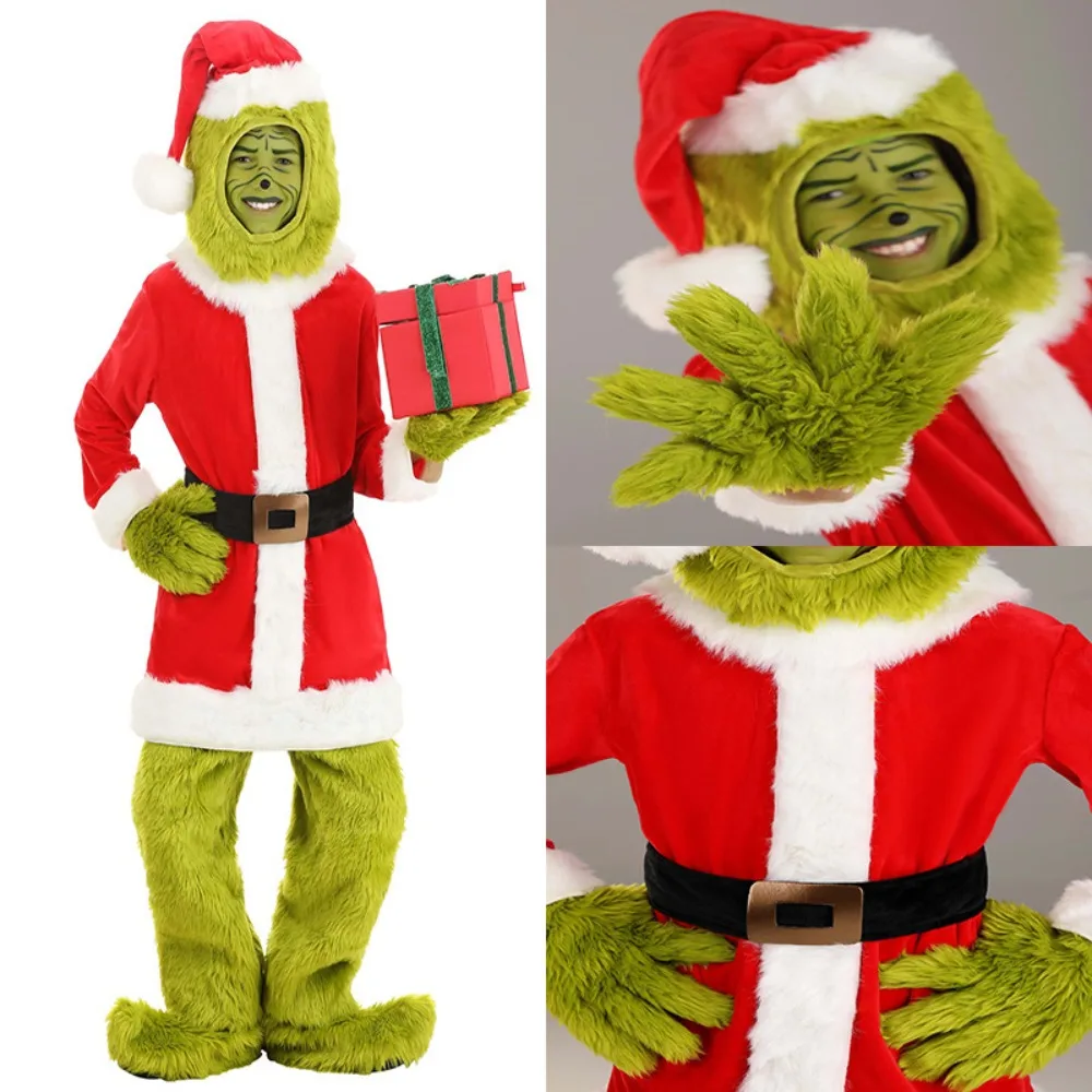 

Green Elf Halloween Green Cosplay Costume Santa Claus with Fur Pants Belts Gloves Shoe Set Play Costume Green Monster
