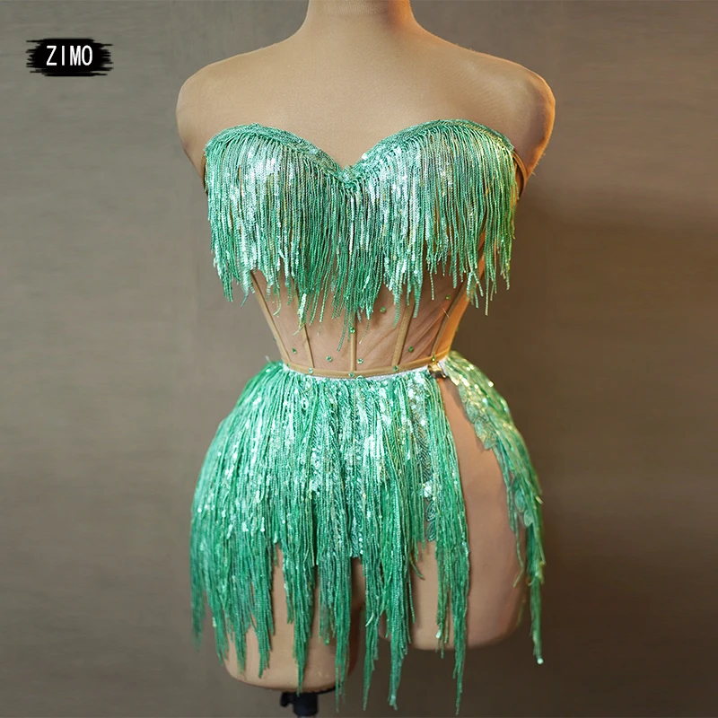 fashion 2 piece tassels green sequin dress performance party birthday outfits for women drag queen leotard pole dance clothing