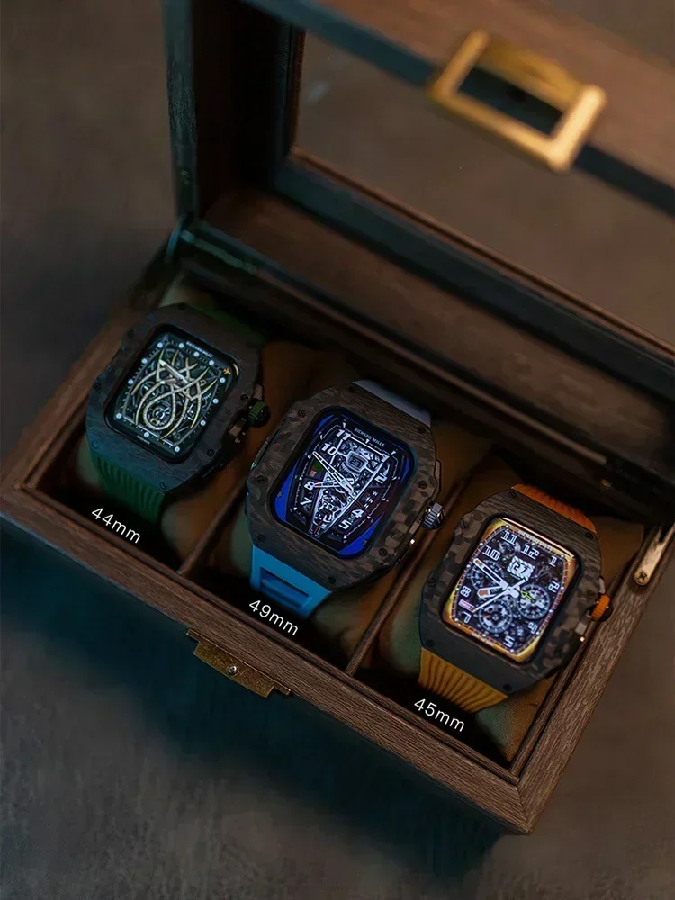 Kit de modificación de caja de fibra de carbono de lujo para Apple Watch Ultra 2, 49mm, 44mm, 45mm, correa de caucho fluorado Iwatch 9 8 7 6 SE 5 Mod